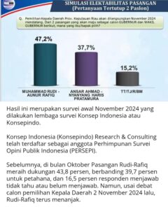 Grafis hasil survei calon Gubernur Kepri 2024, jelang pencoblosan 27 Agustus 2024.